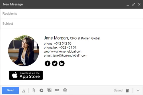 email signature example created by Newoldstamp